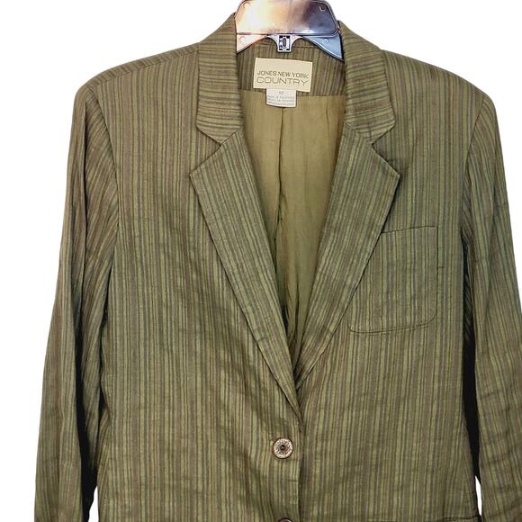 Vintage Jones New York Country Linen Blend Green Textured Striped Blazer Size 12 - Picture 3 of 10